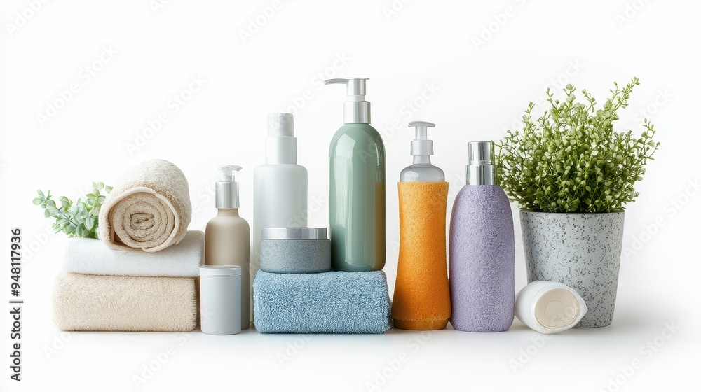 A collection of personal care products is elegantly displayed alongside towels and a small potted plant, emphasizing wellness and self-care A collection of personal care products is elegantly displayed alongside towels and a small potted plant, emphasizing wellness and self-care
