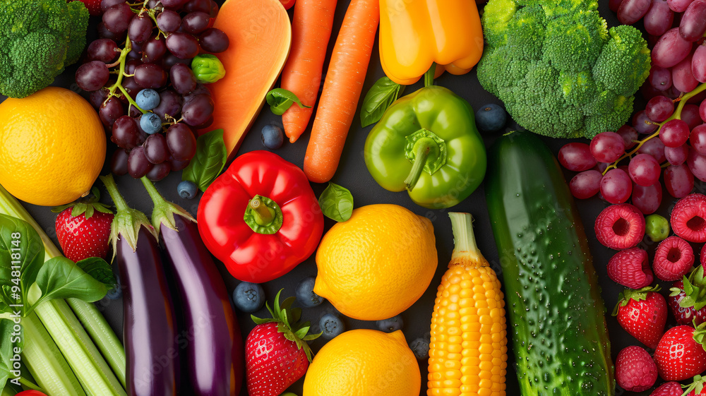 A vibrant variety of fresh fruits and vegetables arranged beautifully. Healthy food for diet. Healthy eating menu. A vibrant variety of fresh fruits and vegetables arranged beautifully. Healthy food for diet. Healthy eating menu.