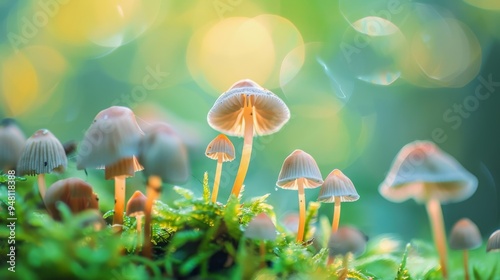 Wallpaper Mural A close-up of a mushroom garden, featuring a range of fungi from small puffballs to large cap mushrooms, set against a soft, blurred green backdrop. Torontodigital.ca