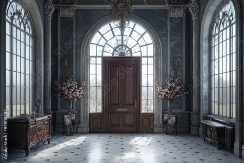 A gray-colored hall with an entrance at the front and tastefully decorated.