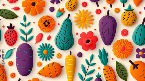 Vibrant and playful illustration of fruits, vegetables, and flowers in bold colors photo