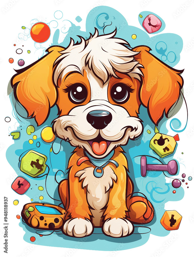 A cartoon dog is sitting on a blue background with a bunch of toys and a clock A cartoon dog is sitting on a blue background with a bunch of toys and a clock
