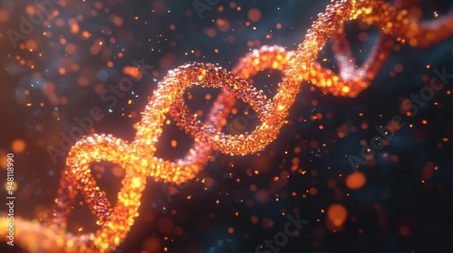 A vibrant orange DNA double helix glowing amidst a dark background, symbolizing life and genetic engineering.