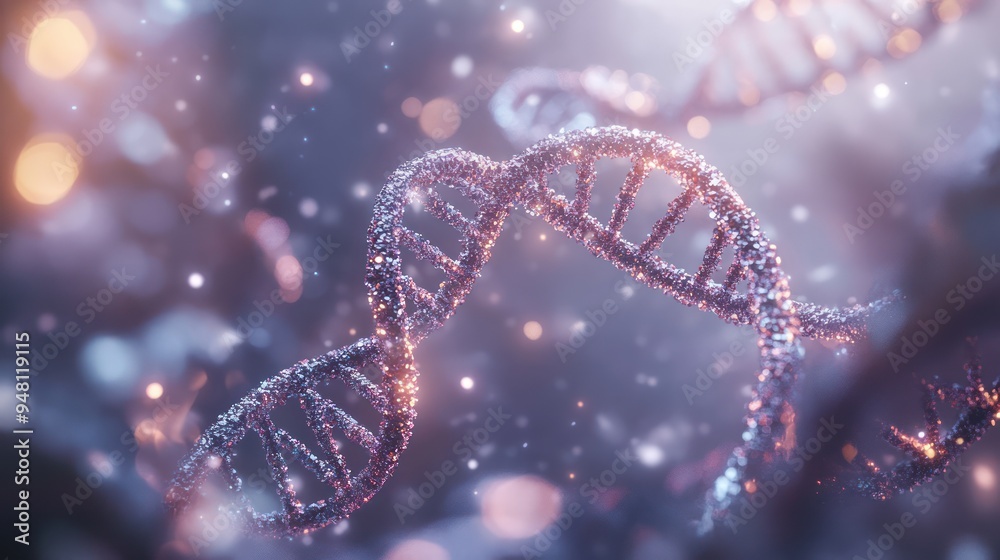Close-up of a glowing DNA helix showcasing a vibrant and intricate design in a mystical setting. Close-up of a glowing DNA helix showcasing a vibrant and intricate design in a mystical setting.