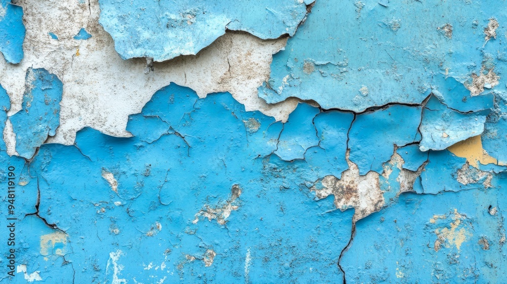 Obraz premium Close-up view of old wall texture with peeling blue paint revealing layers beneath the surface