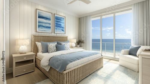 An interior design featuring muted coastal colors in a bedroom that is cozy and clean