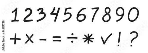 Set of hand-drawn numbers. Mathematical signs. Doodle style illustration. School topic, mathematics.