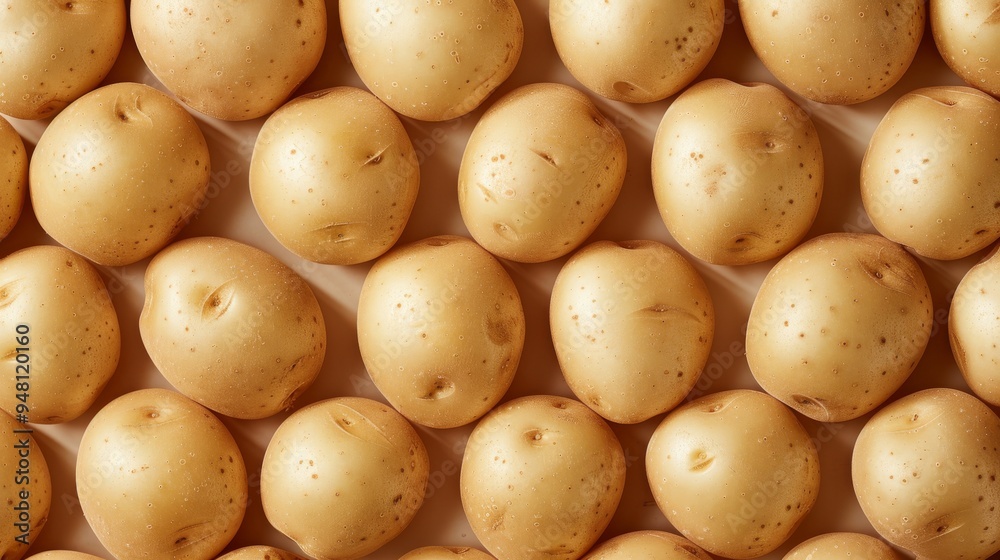 A collection of washed potatoes with smooth skins arranged neatly in rows A collection of washed potatoes with smooth skins arranged neatly in rows