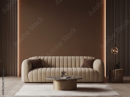 A living room in warm colors with brown beige walls, light gray lounge furniture - a sofa and table. An empty background microcement allows for a rich interior design. A mockup room designed for