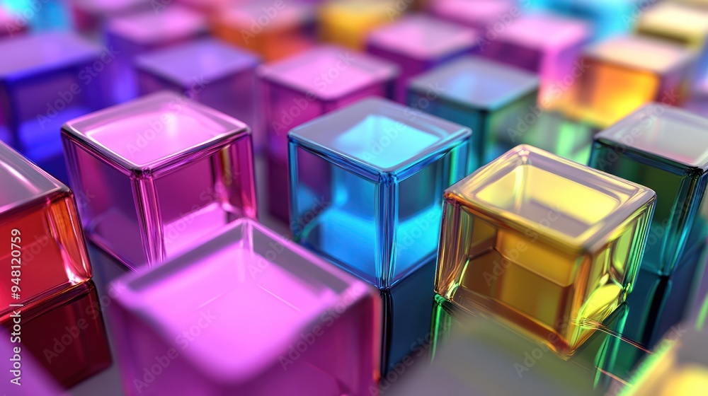 Colorful translucent blocks create a vibrant abstract scene, showcasing a mix of bright hues and light reflections.