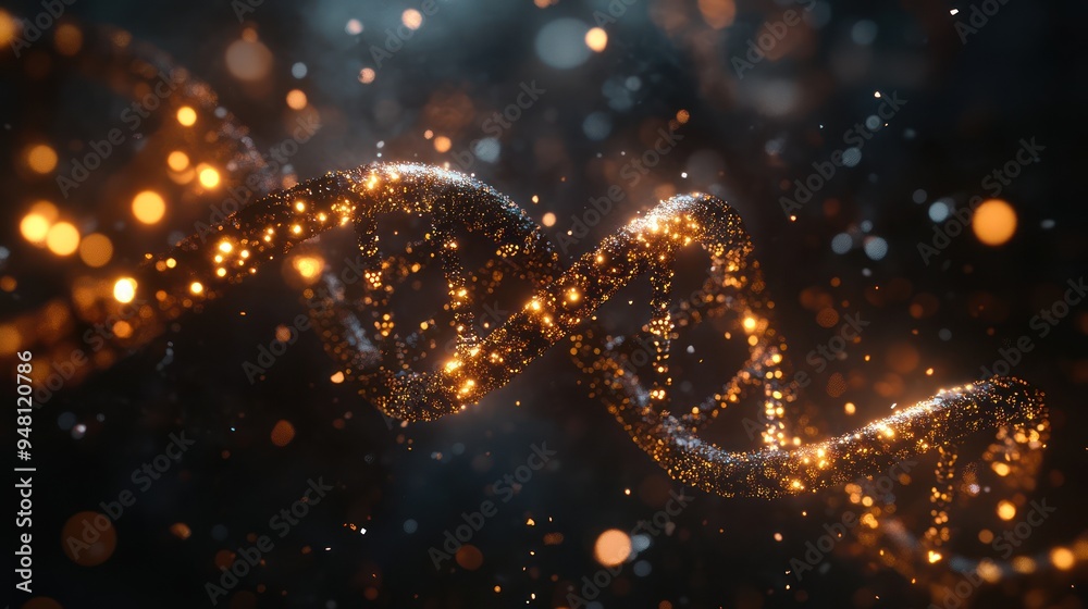 A mesmerizing abstract representation of a DNA strand, illuminated with shimmering golden particles in a dark, ethereal setting. A mesmerizing abstract representation of a DNA strand, illuminated with shimmering golden particles in a dark, ethereal setting.