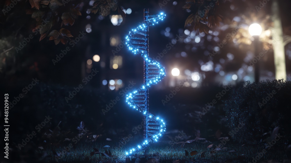 Obraz premium A glowing blue DNA double helix sculpture in a nighttime garden setting, surrounded by fallen leaves and soft bokeh lights.