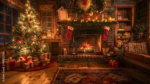 Spacious Christmas Interior Scene with Empty Seats and Gaily Decorated Tree, Awaiting the Arrival of Festivity photo