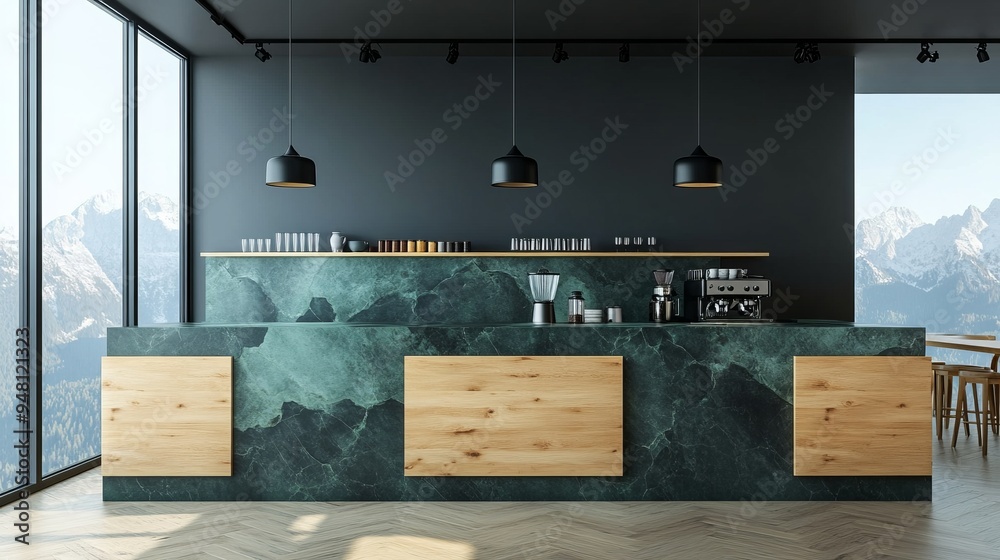 A minimalist wooden and dark green kitchen with an island, black marble backsplash, dining table, and chairs has an interior design that's modern and stylish A minimalist wooden and dark green kitchen with an island, black marble backsplash, dining table, and chairs has an interior design that's modern and stylish