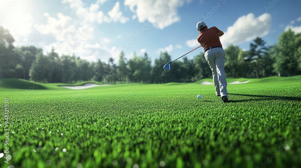 A male golfer, dressed in an orange shirt, swings his driver on a lush green golf course under a bright blue sky. A male golfer, dressed in an orange shirt, swings his driver on a lush green golf course under a bright blue sky.