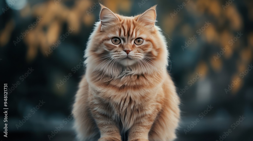 Obraz premium A ginger cat with green eyes sits on a blurred background