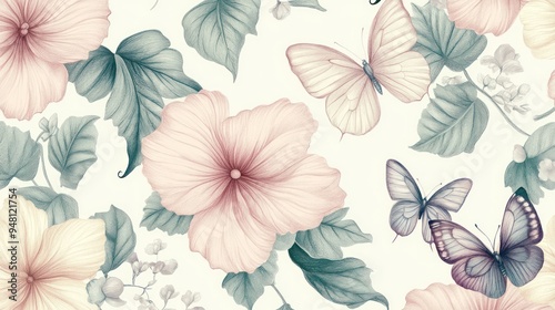A beautiful floral pattern featuring soft pink hibiscus flowers and delicate butterflies, creating a serene and elegant atmosphere.