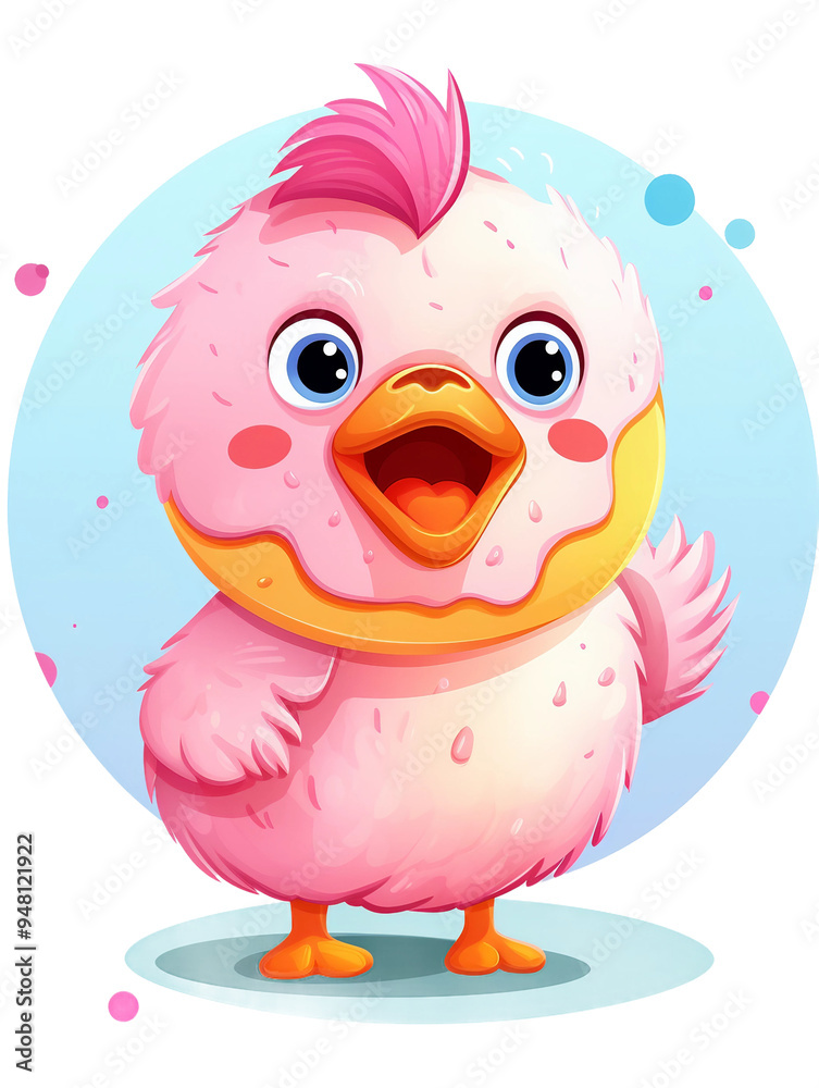 Fototapeta premium A cute pink chicken with a pink and yellow frosting on its head