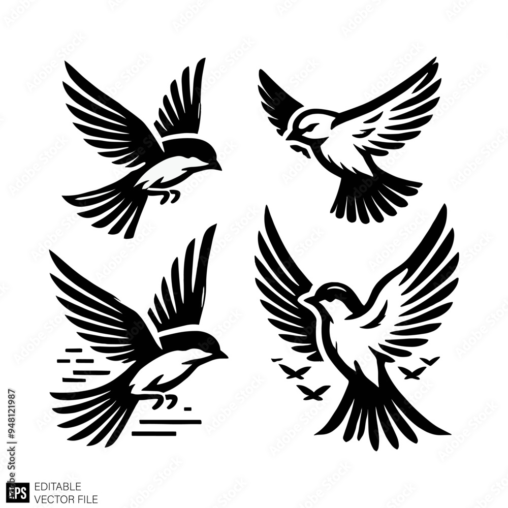 set of bird Isolated vector graphic illustration design in black and white silhouette for clip art templates set of bird Isolated vector graphic illustration design in black and white silhouette for clip art templates