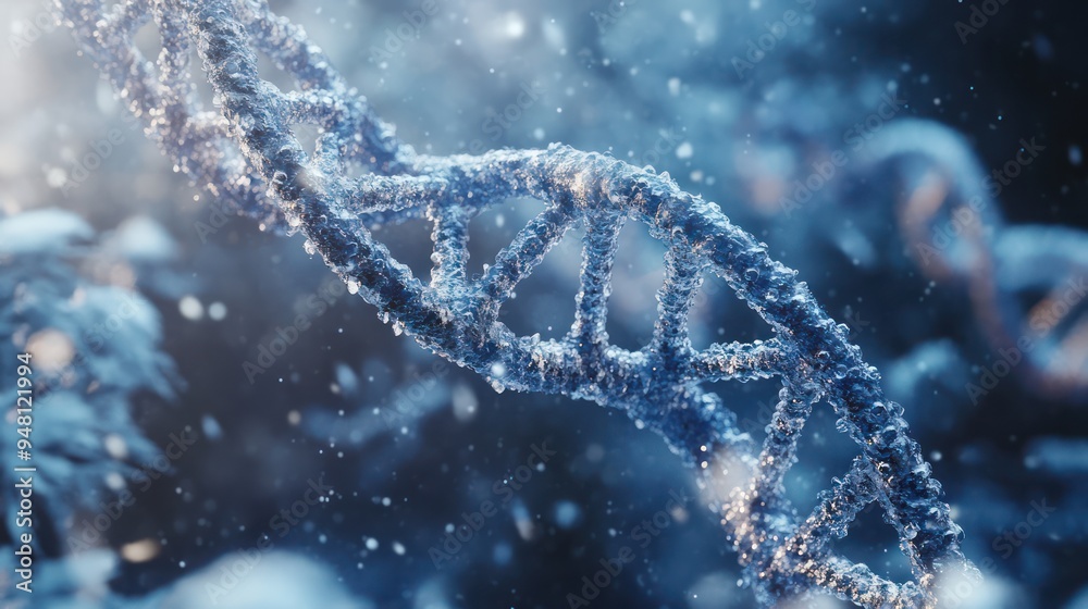 A close-up view of a DNA double helix structure, illuminated with a glowing effect, highlighting its intricate details and molecular beauty.