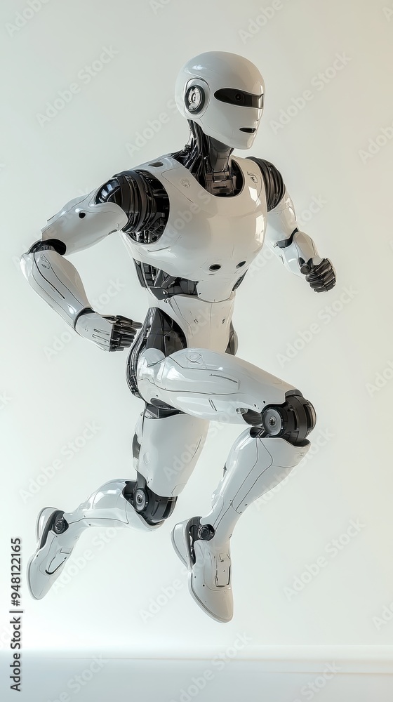 A humanoid AI robot is dynamically running, demonstrating impressive speed and agility in a contemporary indoor environment A humanoid AI robot is dynamically running, demonstrating impressive speed and agility in a contemporary indoor environment