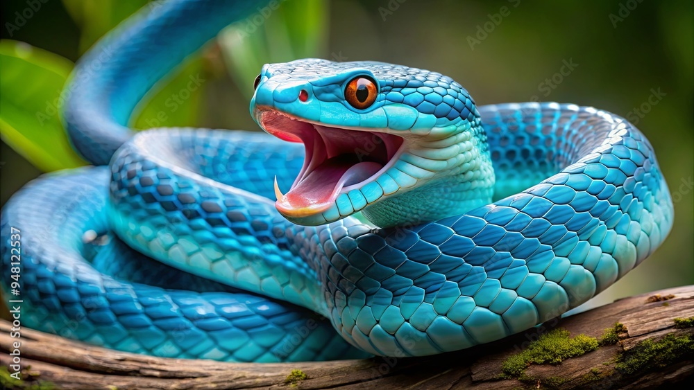 A blue viper snake coiled with its head raised, ready to strike A blue viper snake coiled with its head raised, ready to strike