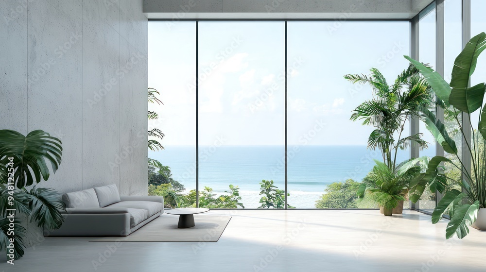Fototapeta premium A serene living room featuring modern decor and large windows showcasing a stunning ocean view.
