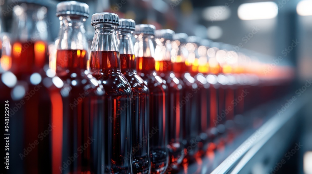 A close-up of glass bottles filled with vibrant red soda on a production line.