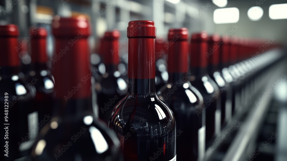 Fototapeta premium A close-up of dark red wine bottles lined up in a modern winery.