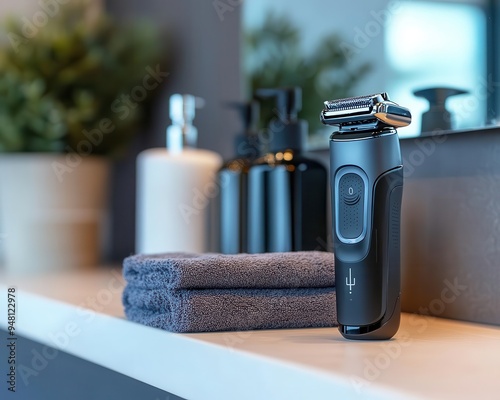 Electric shaver with a trimmer on a bathroom shelf, ready for grooming