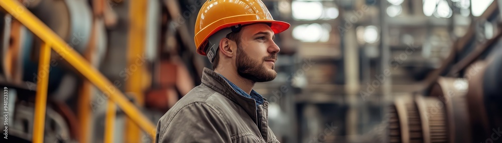 © Nawarit - Engineer with a hard hat inspecting machinery on a worksite © Nawarit - Engineer with a hard hat inspecting machinery on a worksite