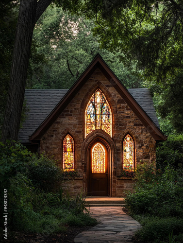 chapel in the countryside, bathed in soft twilight