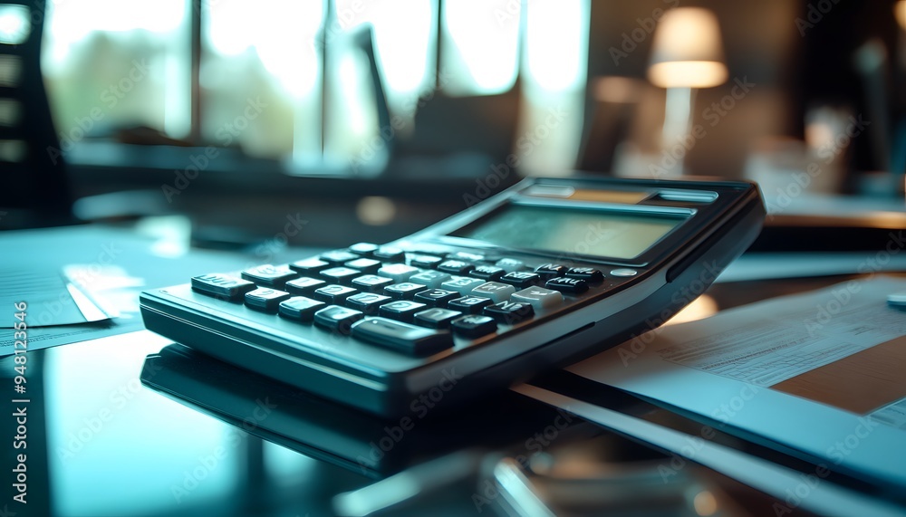 Black Calculator on a Desk with Papers and Blurry Background Black Calculator on a Desk with Papers and Blurry Background