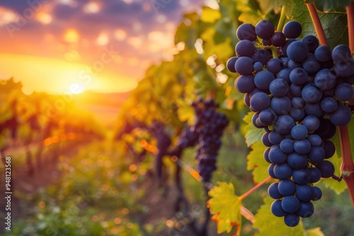 ripe purple grapes bunch row field under sunset rustic view left copy space