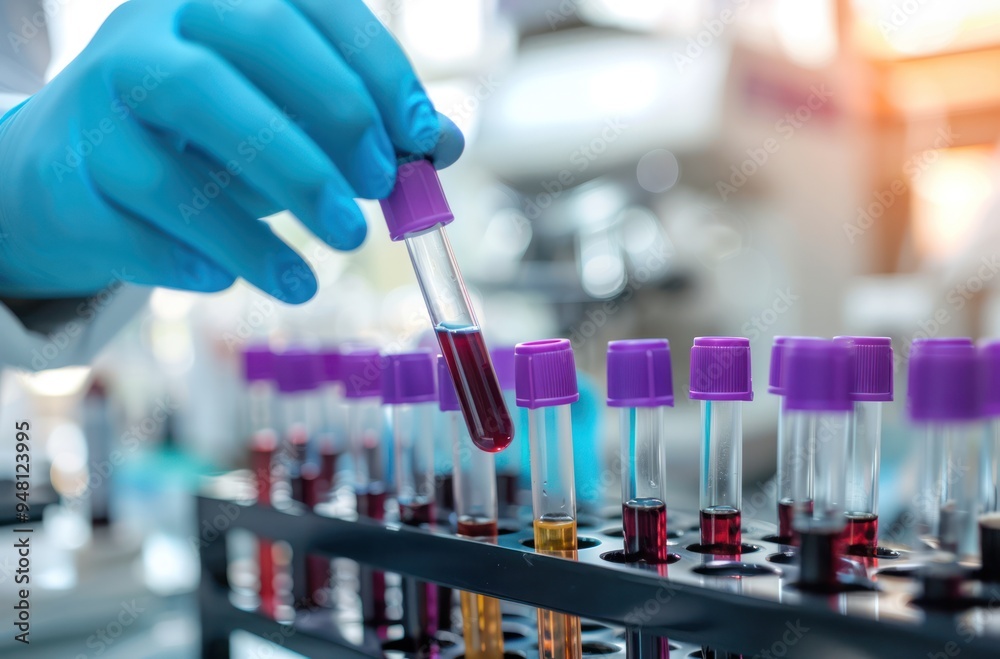 scientist holding blood tube test in laboratory biology research