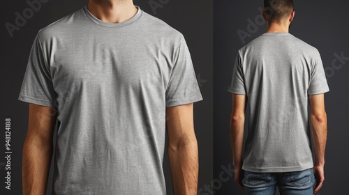 A man wears a plain gray t-shirt, front and back, for a t-shirt design mock up
