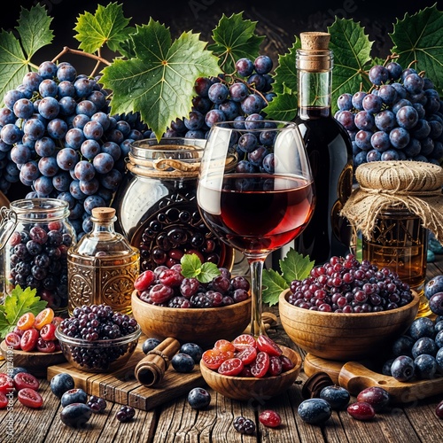 Vineyard's Bountiful Harvest. Lavish display of various grapes, wine, and complementary fruits on rustic wooden table, showcasing the richness of wine production.