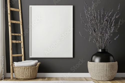 A stylish living room interior design at a modern apartment with white mock-up photo frames, vases with flowers, rattan baskets and wooden ladders with blankets.