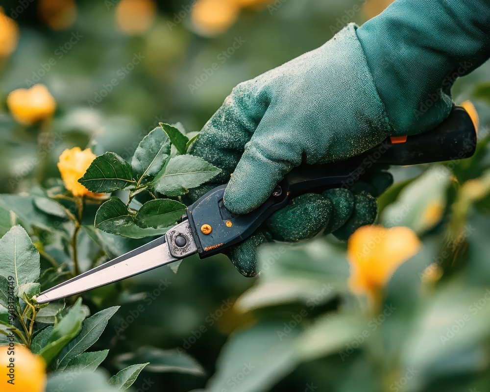 Naklejka premium Gardener with pruning shears trimming plants in a vibrant garden