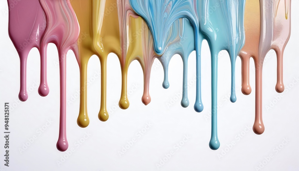 Vibrant paint drips down on a white backdrop, forming a captivating and abstract artistic composition Vibrant paint drips down on a white backdrop, forming a captivating and abstract artistic composition