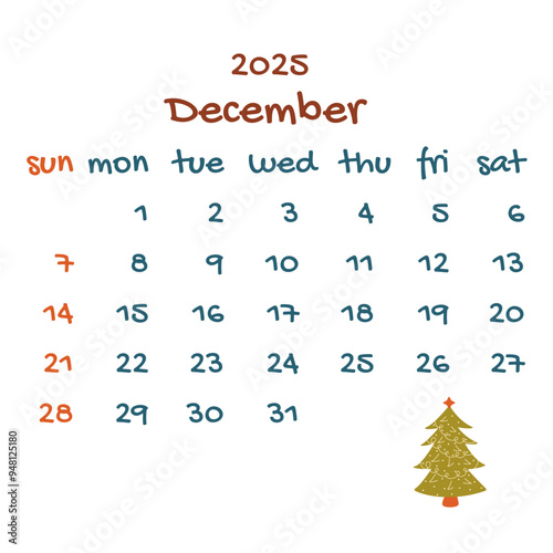 2025 december calendar with decorated Christmas tree. Colorful modern calendar, monthly planner. Vector hand drawn illustration. Modern simple design. Winter month, holiday season