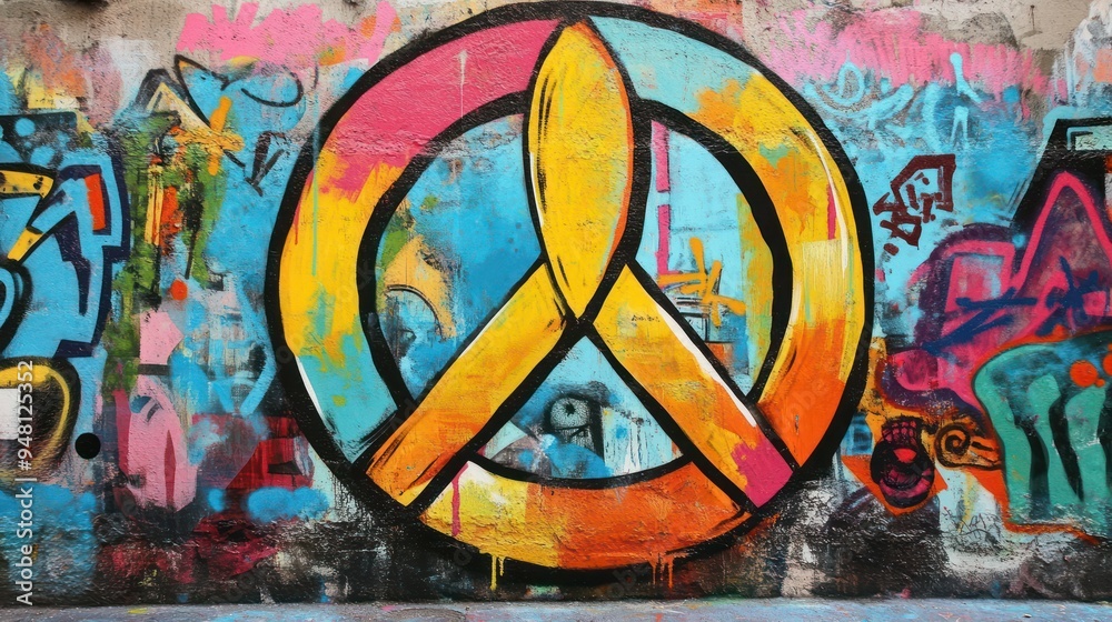 Vibrant peace symbol graffiti on a colorful urban wall, capturing the essence of hope and unity. Vibrant peace symbol graffiti on a colorful urban wall, capturing the essence of hope and unity.