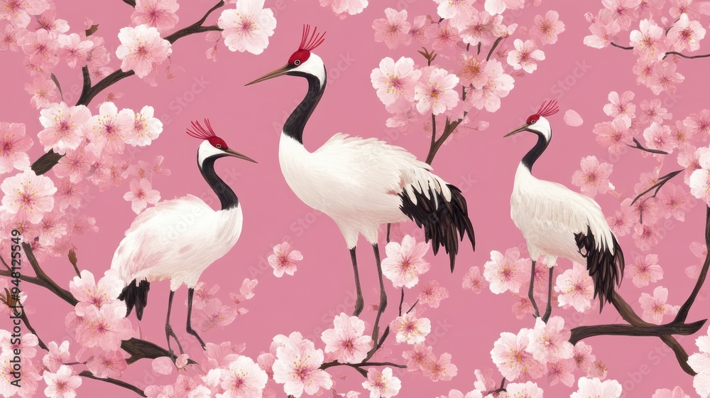 Naklejka premium Three elegant cranes perched among blooming cherry blossoms on a vibrant pink background.