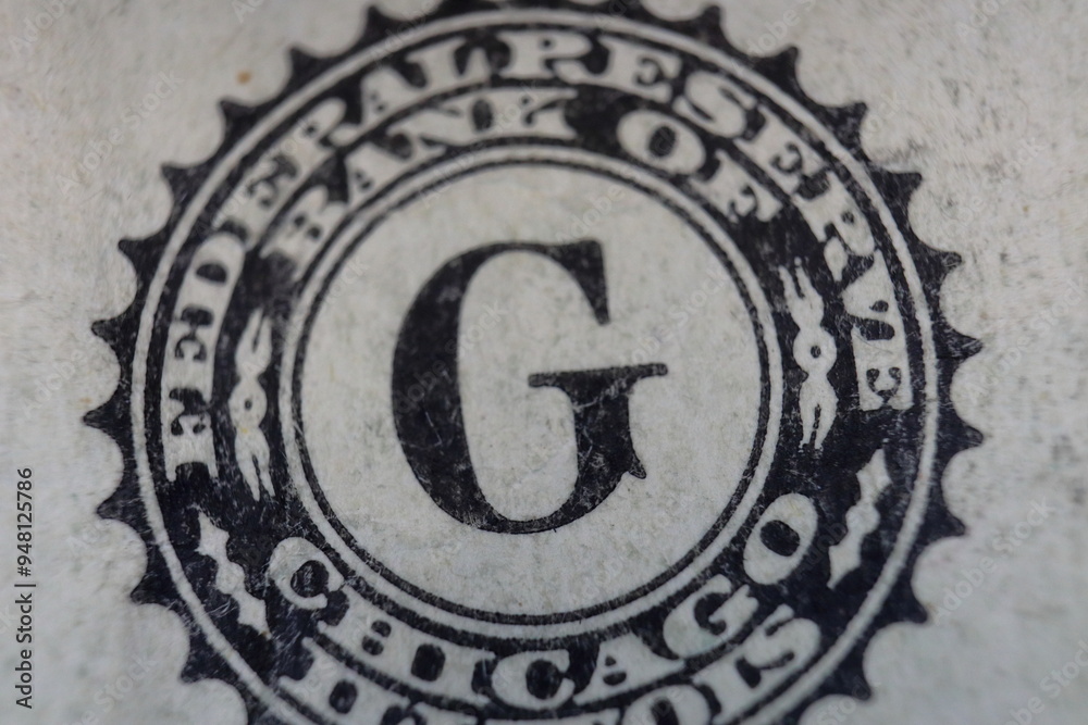 Obraz premium Federal reserve bank of Chicago, Illinois. symbol. Seal on one dollar banknote. Letter G.