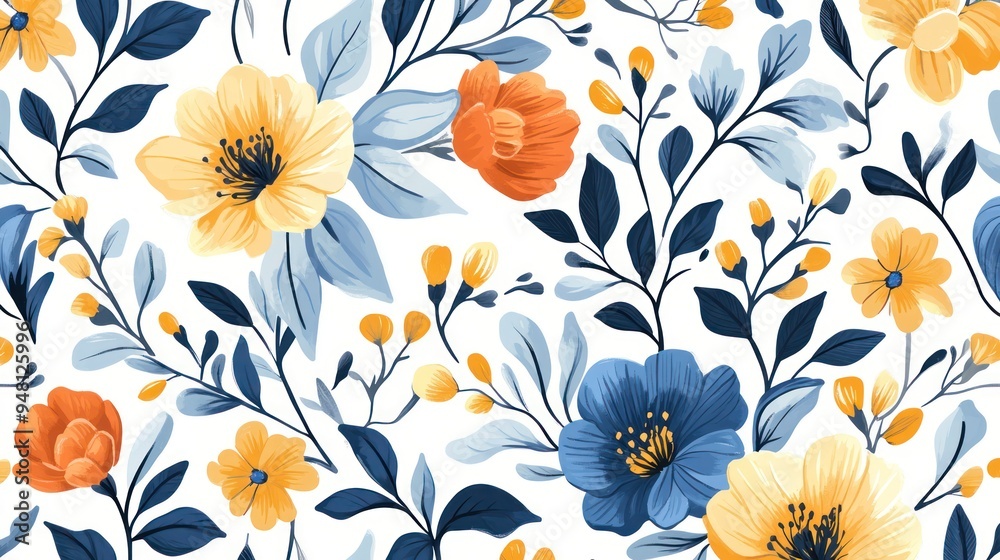 Vibrant floral pattern featuring yellow, blue, and orange flowers against a white background. Vibrant floral pattern featuring yellow, blue, and orange flowers against a white background.