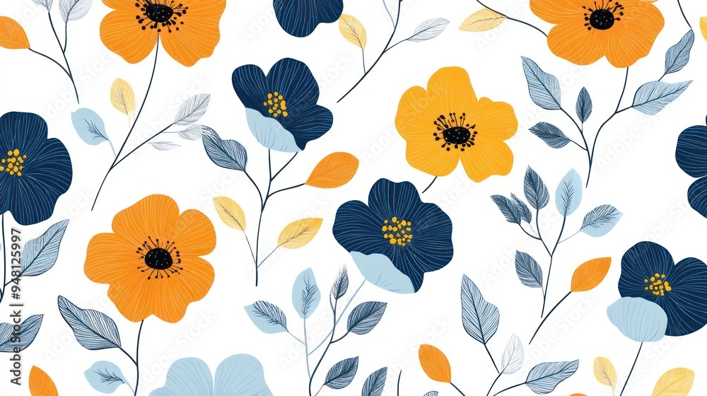 A vibrant floral pattern featuring orange, blue, and yellow flowers in a delicate arrangement. A vibrant floral pattern featuring orange, blue, and yellow flowers in a delicate arrangement.