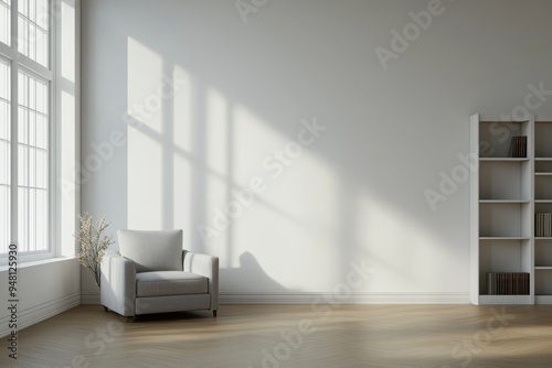 Mockup of a white living room interior with a sofa and bookshelf on parquet flooring