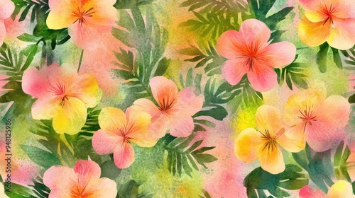 A vibrant watercolor floral pattern featuring pink and yellow hibiscus flowers amidst lush green foliage.