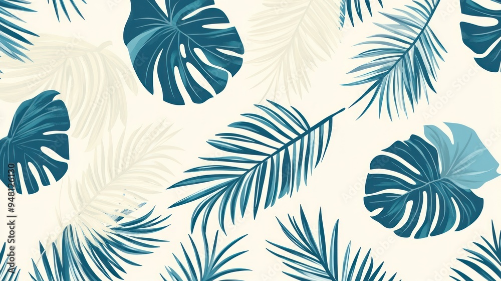 A vibrant pattern featuring tropical leaves in shades of teal and soft cream, creating a relaxing and fresh ambiance. A vibrant pattern featuring tropical leaves in shades of teal and soft cream, creating a relaxing and fresh ambiance.