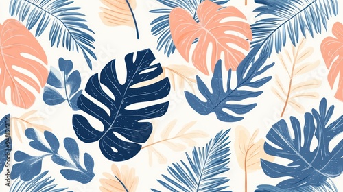 A vibrant pattern featuring tropical leaves in blue, coral, and soft beige shades, evoking a fresh and lively atmosphere.